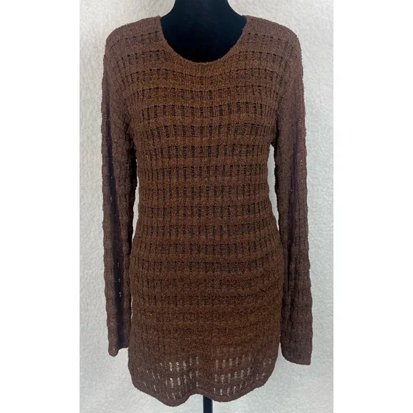 (VTG) JH COLLECTIBLES • Brown Open Knit Scoop-Neck Long Sleeve Sweater, S - Picture 3 of 11